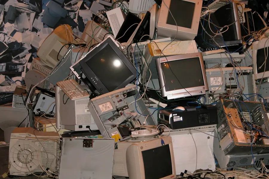 Monitores y computadores antiguos acumulados, residuos electrónicos en Talca